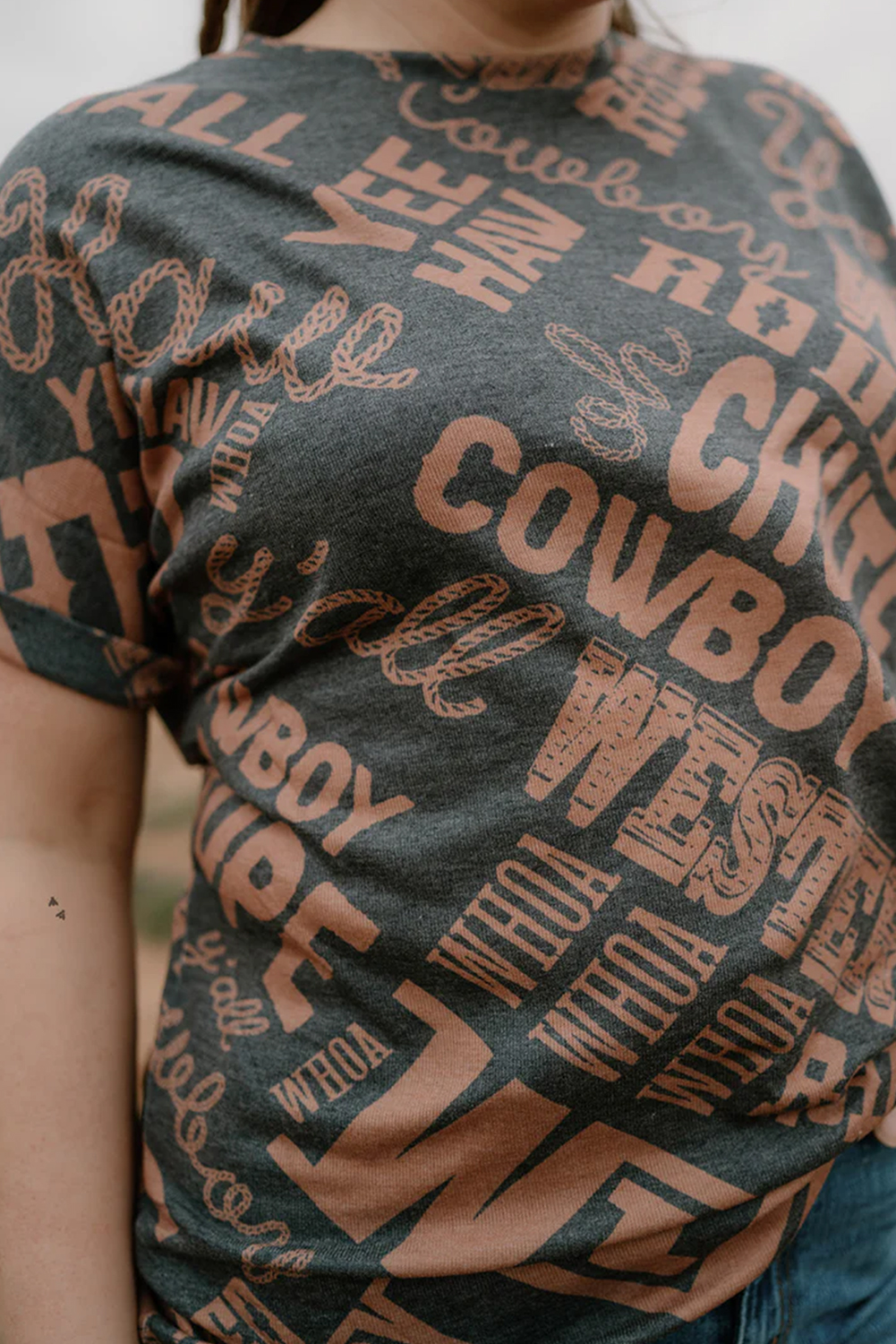 Dark Grey Howdy Cowboy Letter Printed Western Fashion Tee - loveforevers