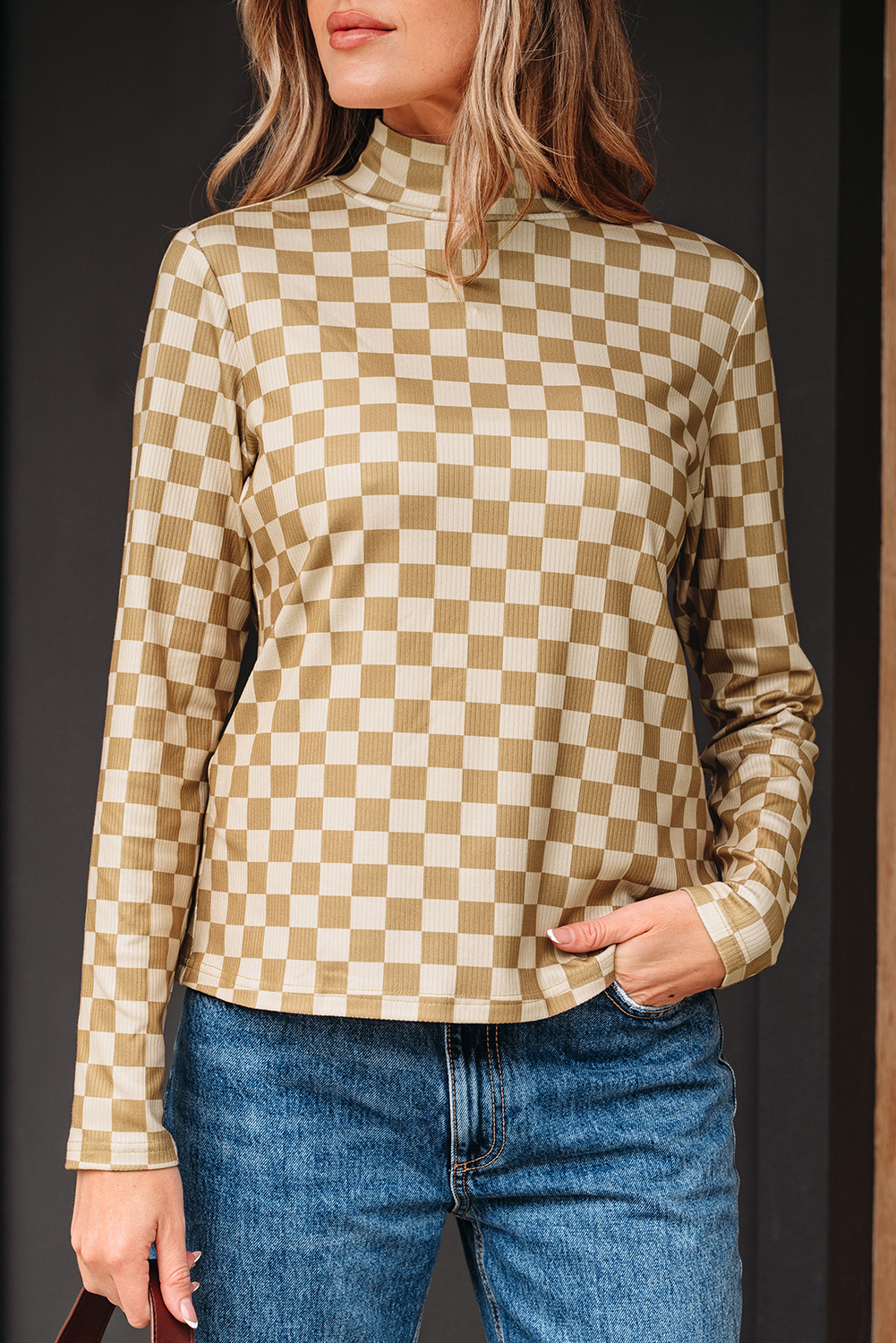 Khaki Check Pattern Turtleneck Ribbed Slim Long Sleeve Tee - loveforevers