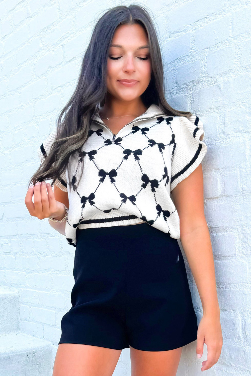 Black Preppy Vibes Bow Print Zipped Collar Sweater Tee - loveforevers
