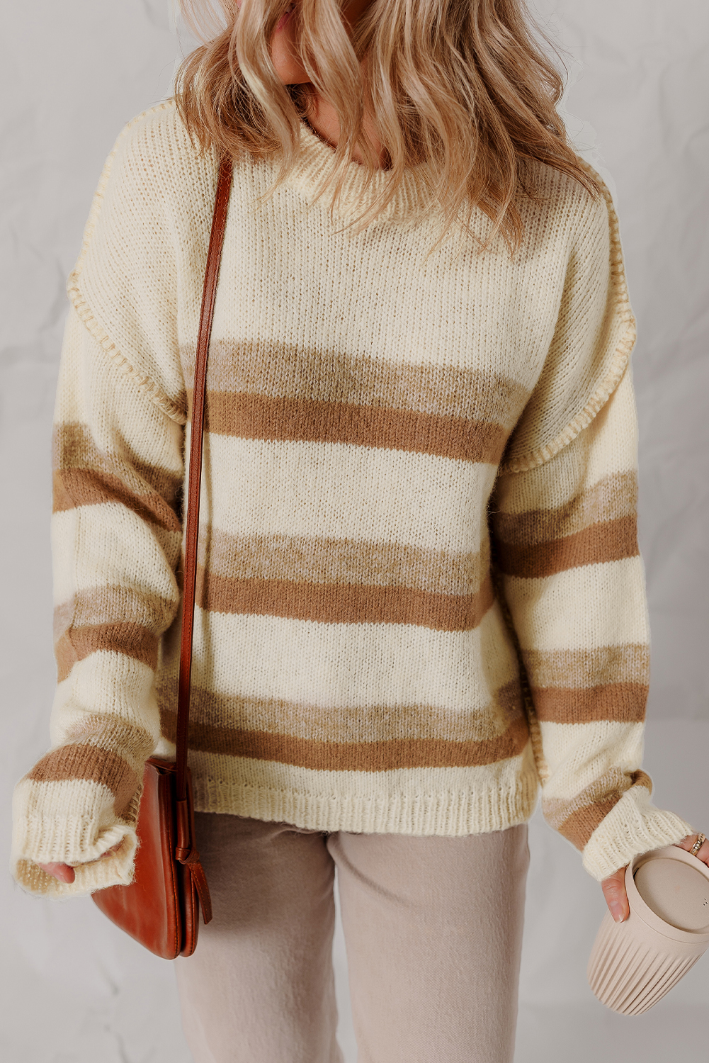 Khaki Stripe Exposed Seam Drop Shoulder Knit Baggy Sweater - loveforevers