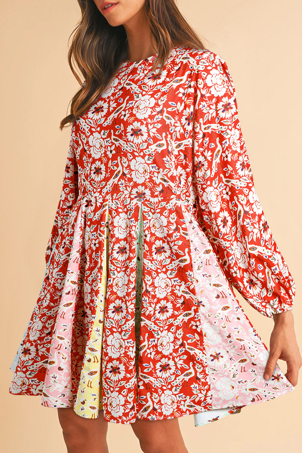 Red Colorful Floral Patchwork Long Sleeve Pleated Mini Dress - loveforevers
