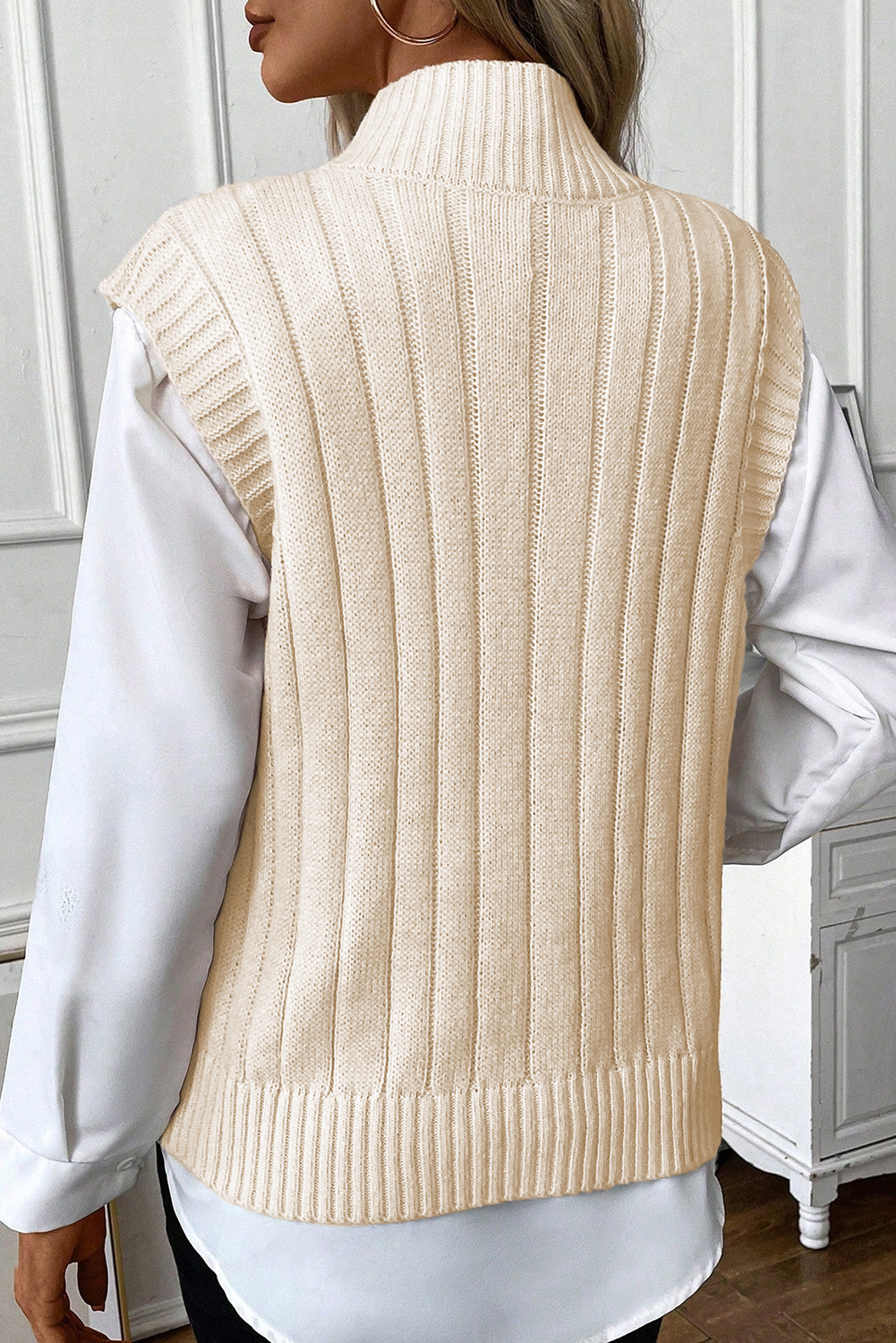 Oatmeal Cable Knit High Neck Sweater Vest - loveforevers
