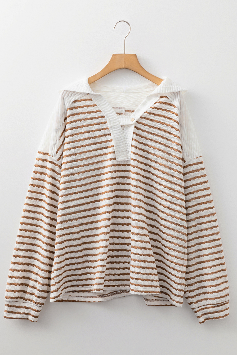 Khaki Stripe Textured Hooded V Neck Casual Long Sleeve Top - loveforevers