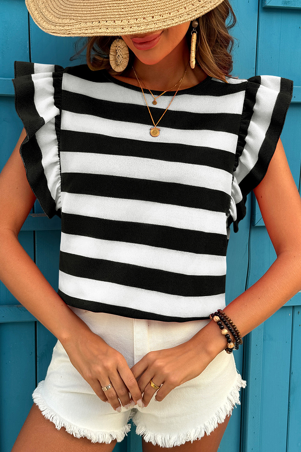 Green Stripe Flutter Sleeve Round Neck Shift Dress - loveforevers