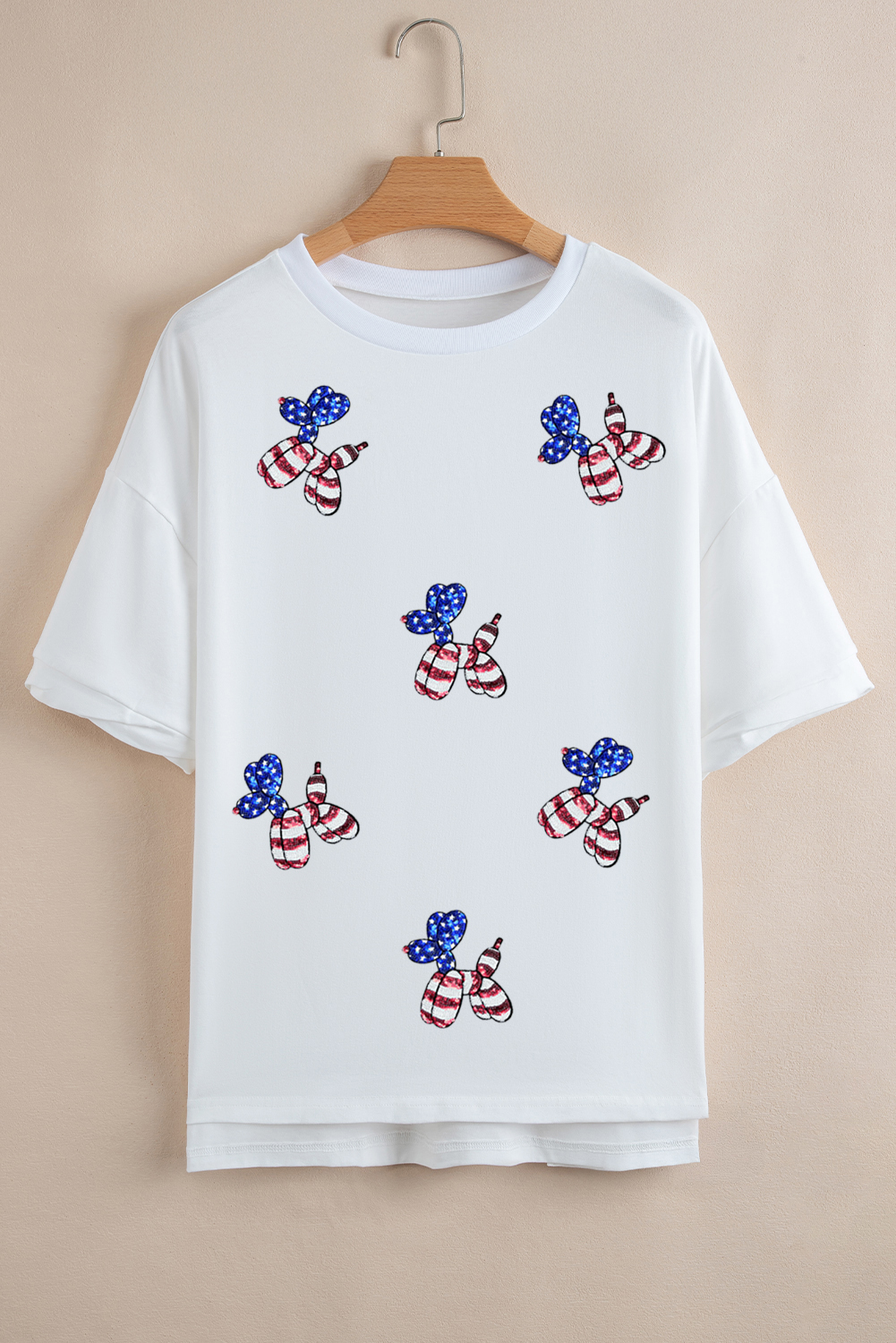 White Sequin USA Flag Balloon Puppy Graphic Drop Shoulder High Low Tee - loveforevers