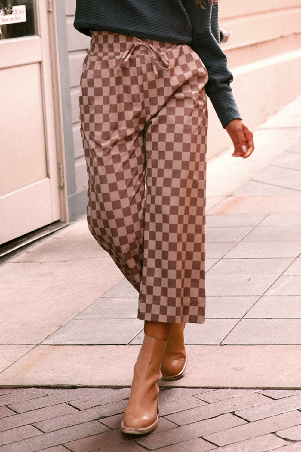 Khaki Checkered Elastic High Waist Loose Casual Pants - loveforevers
