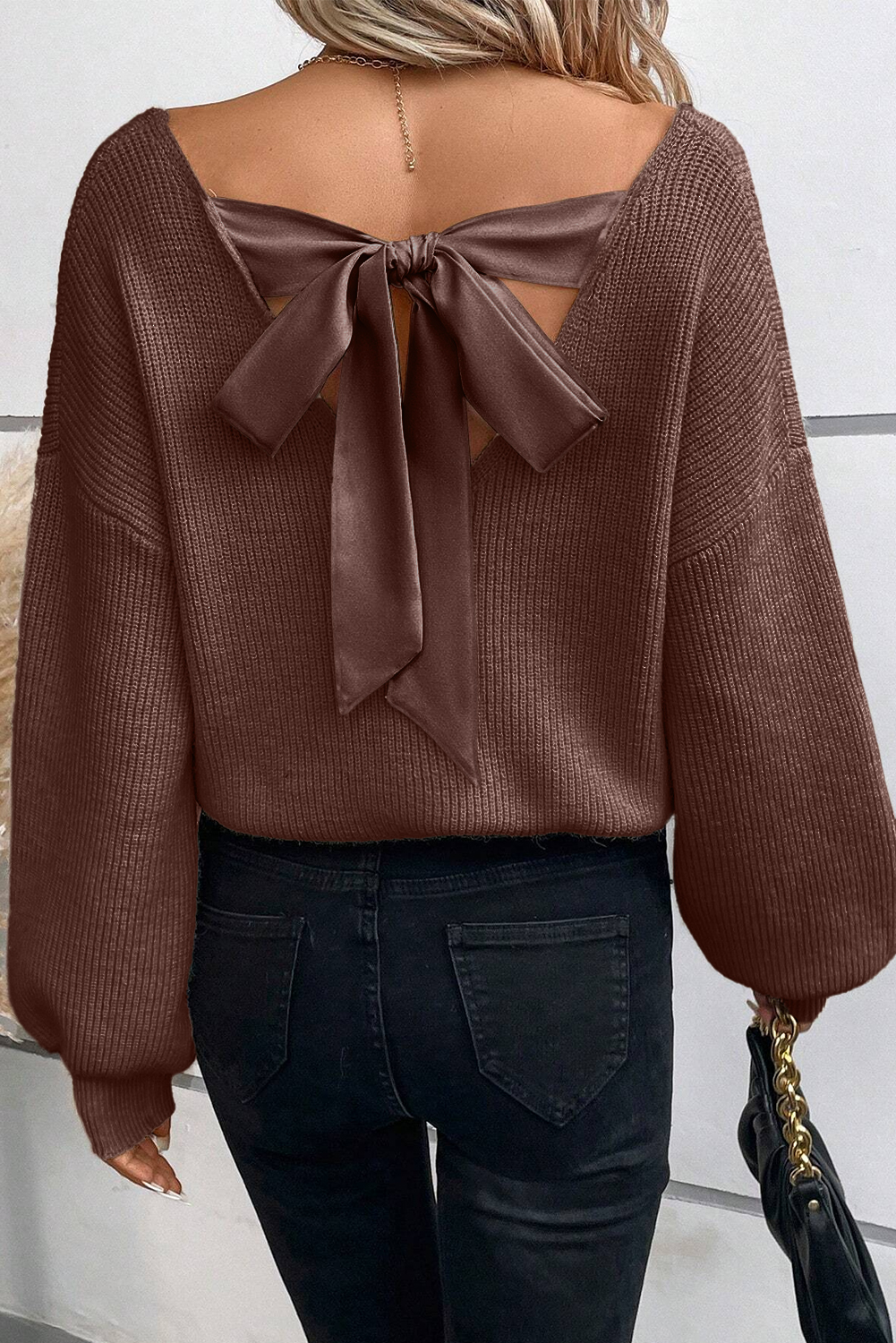 Racing Red Lantern Sleeve V Neck Knot Back Sweater - loveforevers