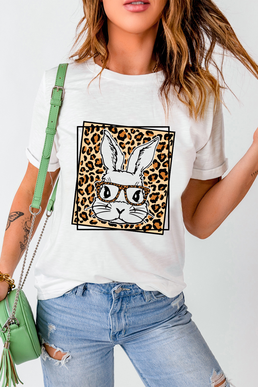 White Leopard Cute Bunny Graphic Crewneck Easter Tee - loveforevers