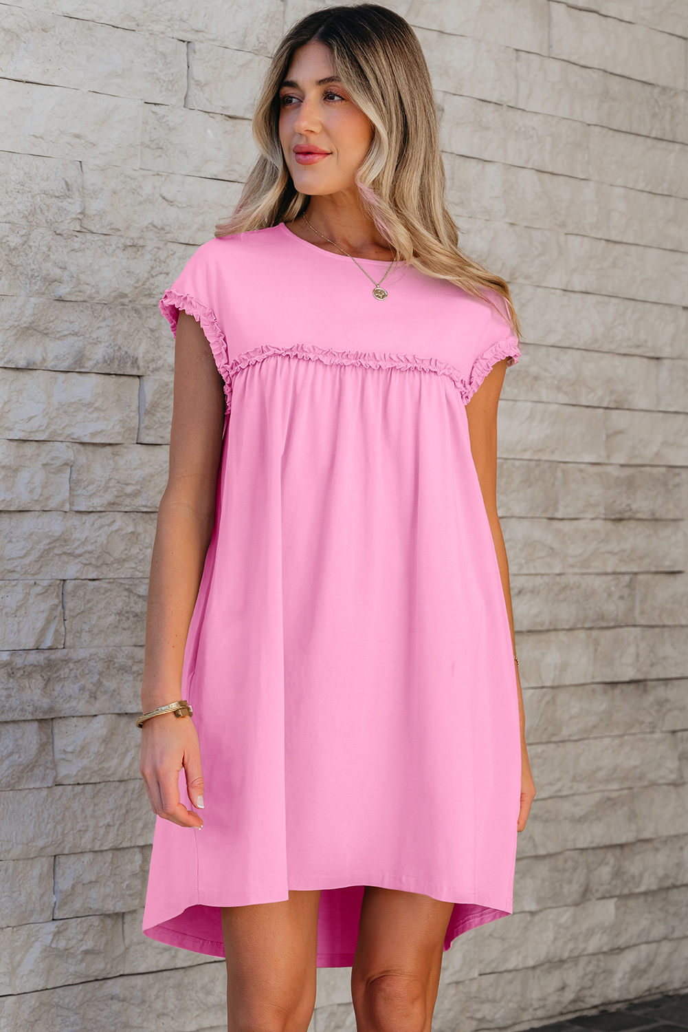 Pink Frilled Trim Crew Neck Loose Fit Mini Dress - loveforevers