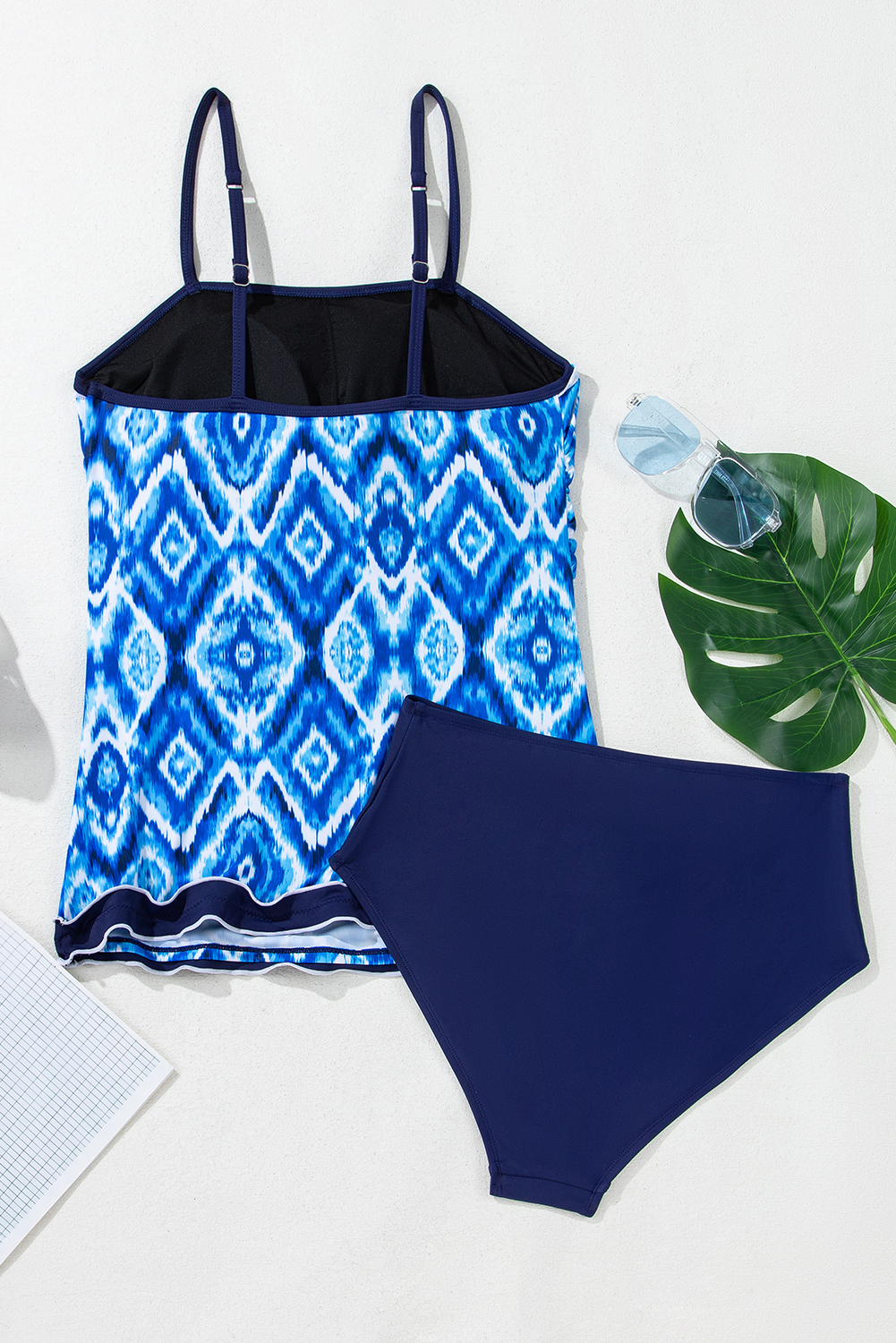 Navy Blue Abstract Print Frilled Trim Spaghetti Straps Tankini Set - loveforevers