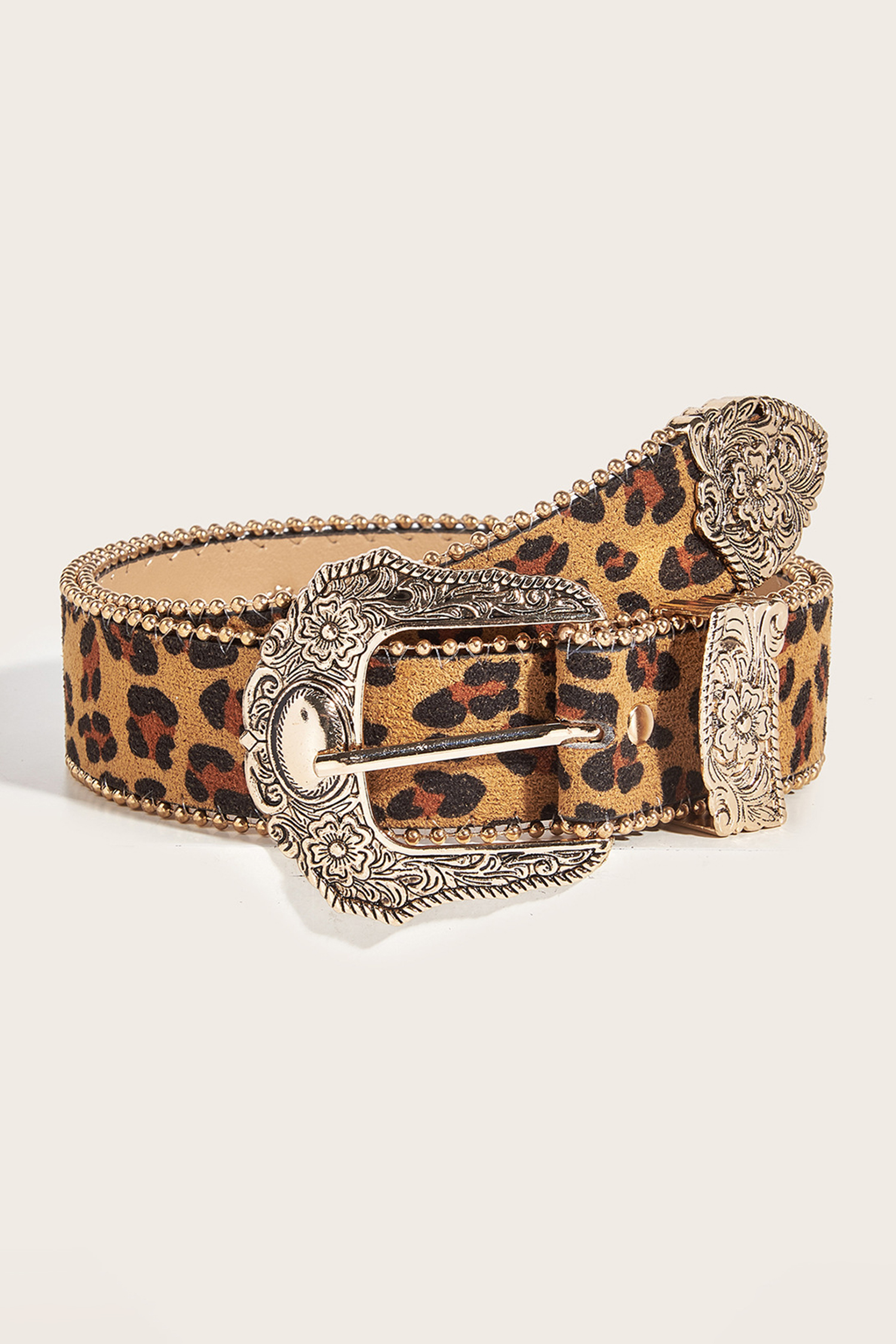 Thai Curry Leopard Beading Trim Retro Embossed Hardware PU Waist Belt - loveforevers