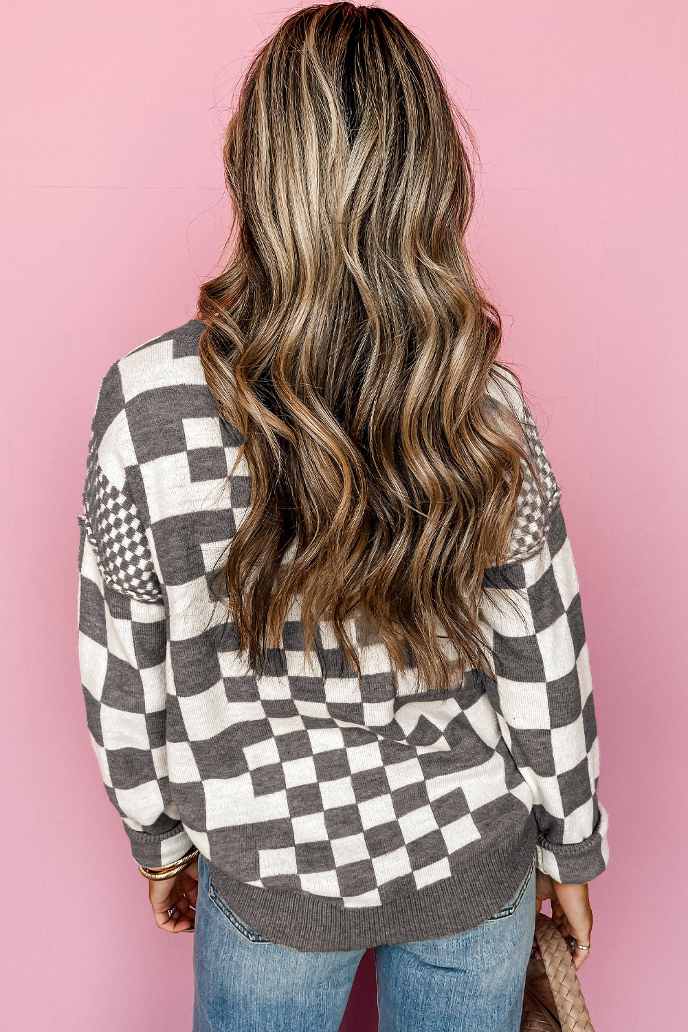 Khaki Checkered Print Drop Shoulder Round Neck Sweater - loveforevers
