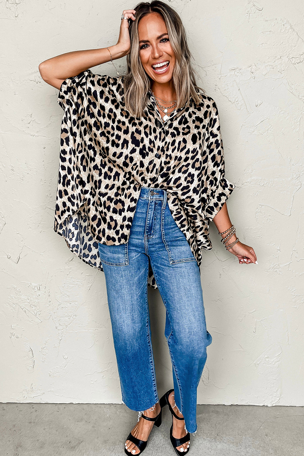Beige Leopard Print Buttoned 3/4 Sleeve Loose Fit Shirt - loveforevers