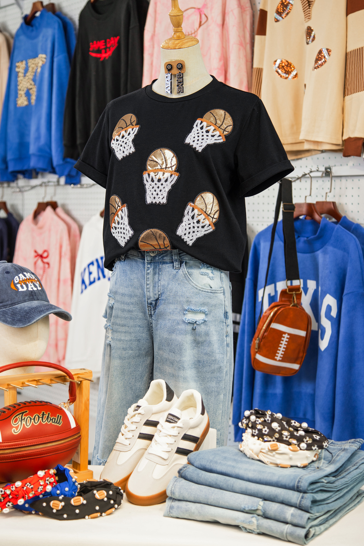 Black Sequin Basketball Patched Graphic Game Day T Shirt - loveforevers