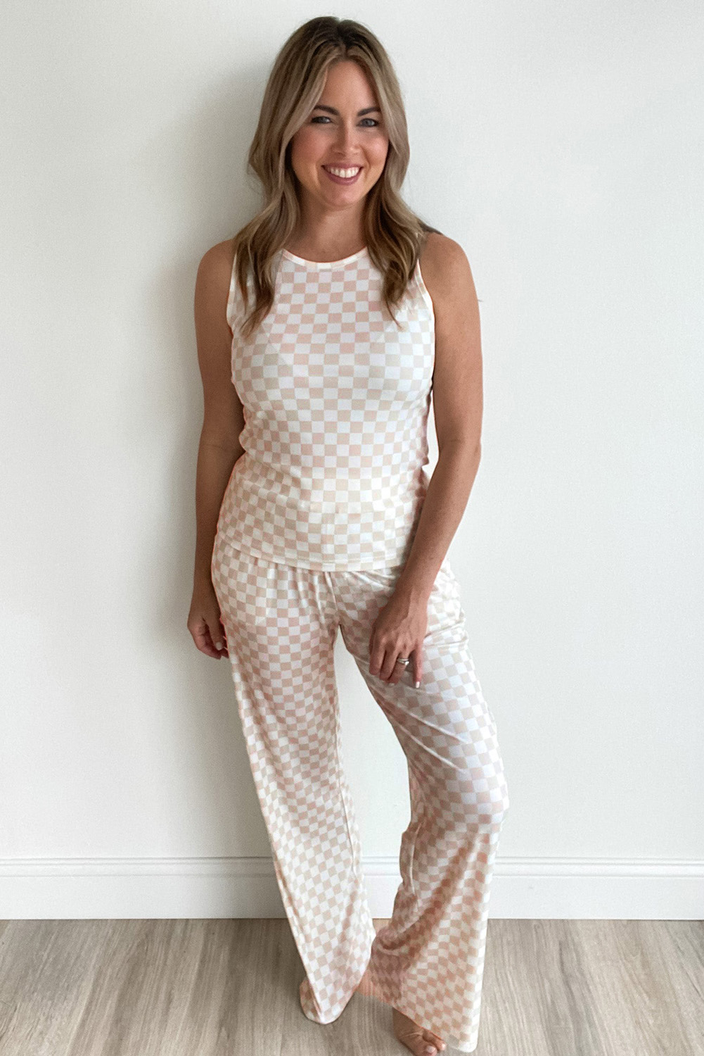 White Ribbed Texture Checkered Print 2pcs Tank and Pants Set - loveforevers