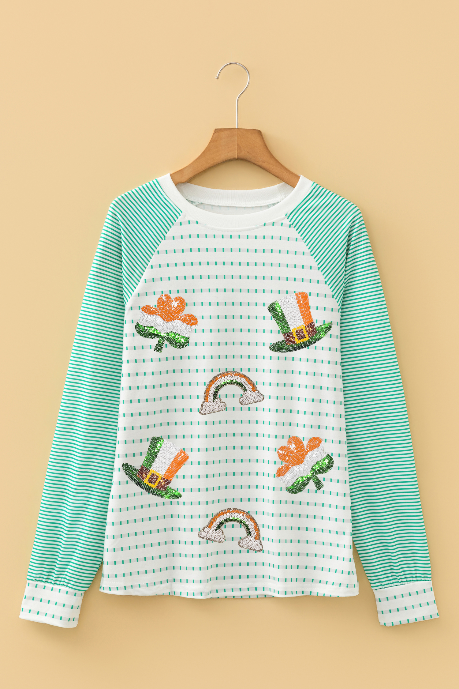 Green Stripe Contrast Raglan Sleeve Sequin St Patricks Element Top - loveforevers
