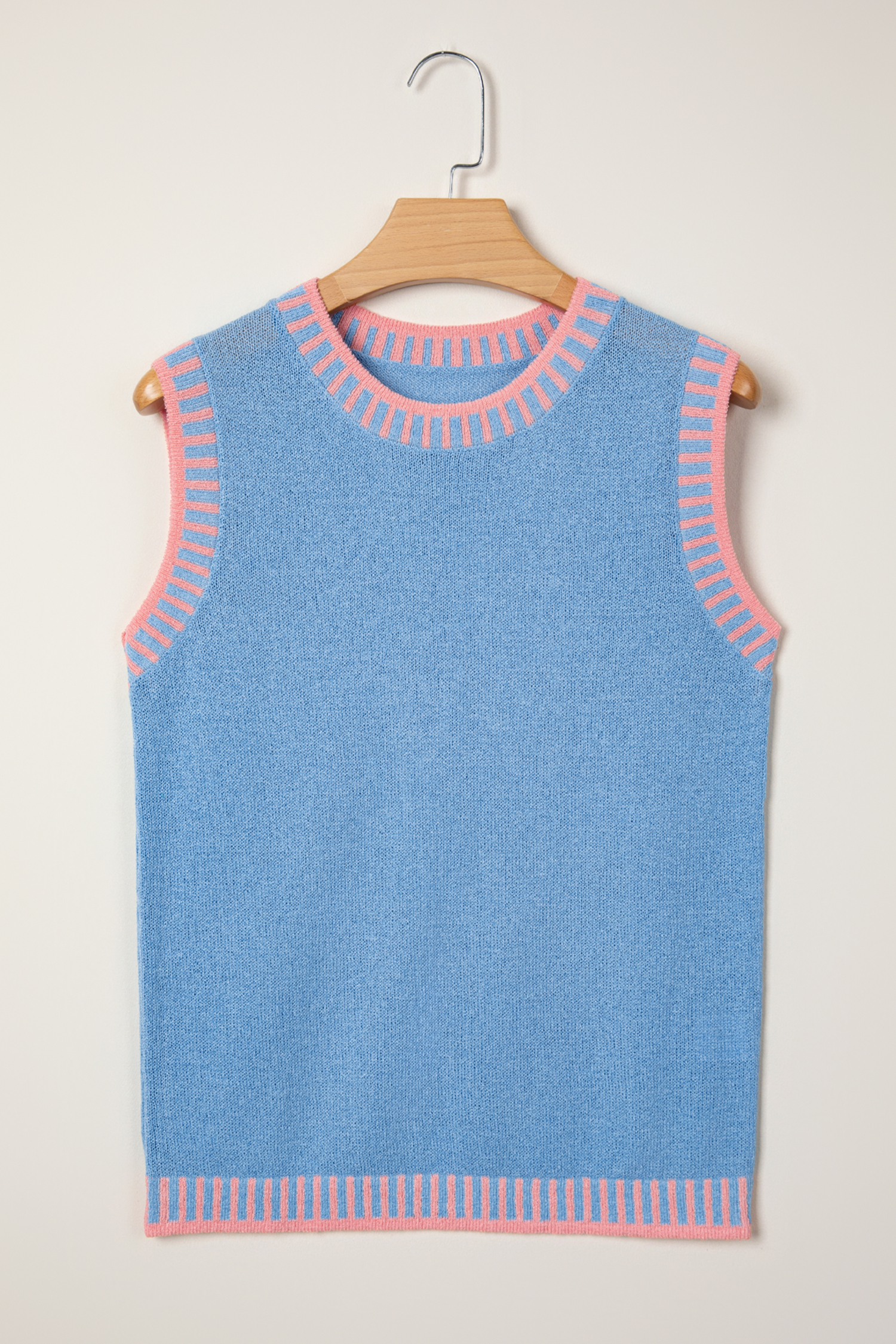 Sky Blue Contrast Trim Round Neck Sleeveless Sweater - loveforevers