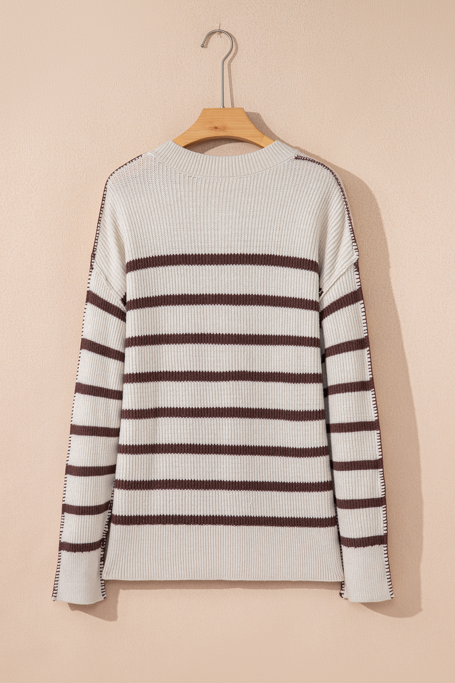 Brown Stripe Ribbed Henley Drop Shoulder Slouchy Sweater - loveforevers