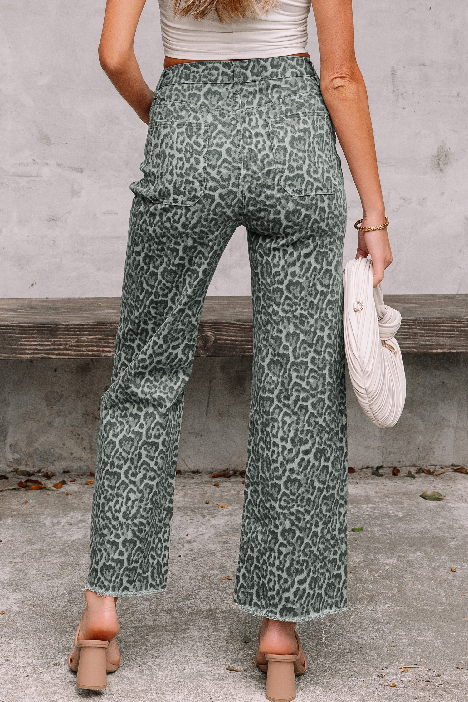Rose Leopard Frayed Edge Wide Leg High Waist Jeans - loveforevers