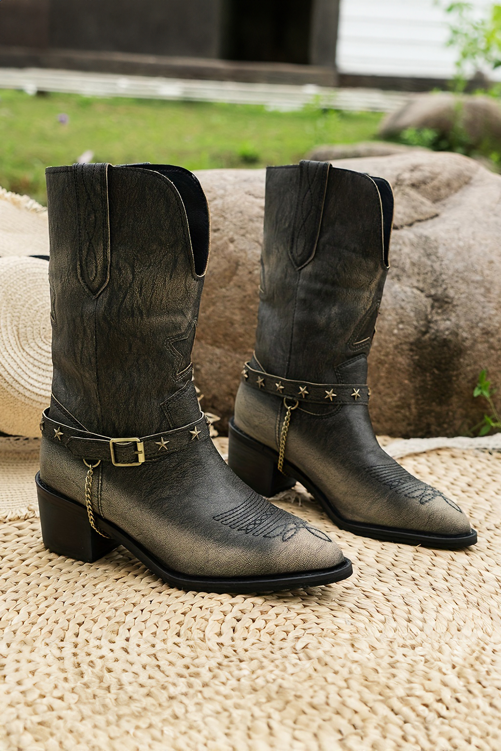 Dark Brown Western Distressed Pointed Toe Chunky Heel Boots - loveforevers