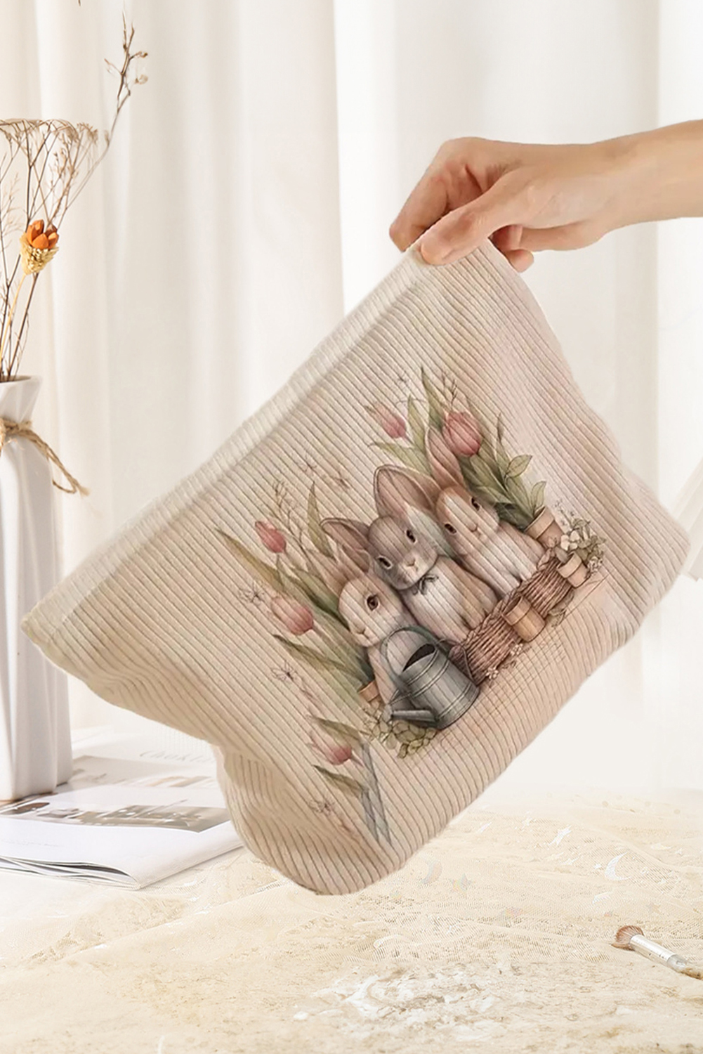 White Eater Bunny Print Corduroy Zipper Cosmetic Bag - loveforevers