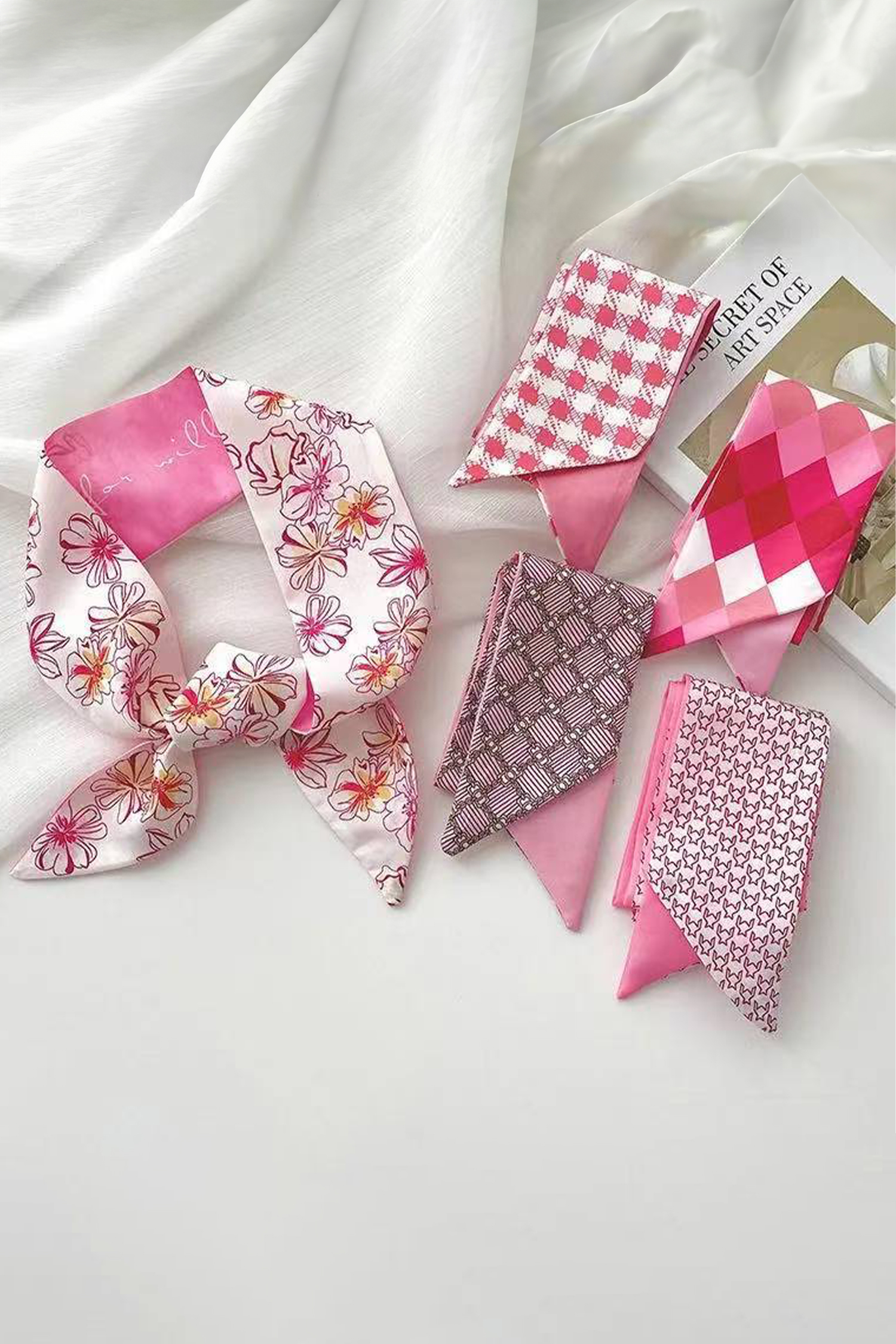 Rose Red Valentines Day Sweet Rhombus Print Ribbon Hair Band Silky Scarf - loveforevers