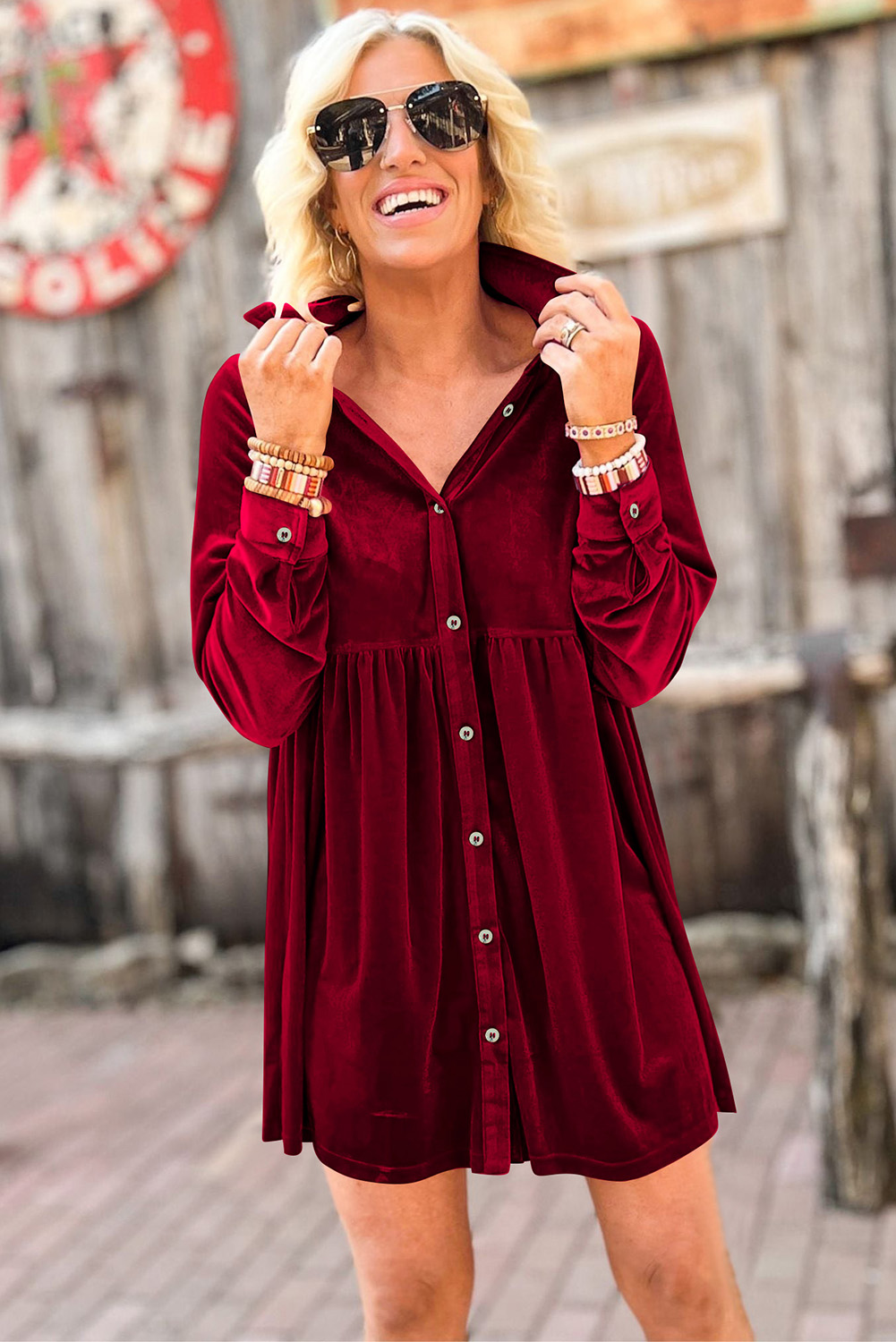 Fiery Red Long Sleeve Ruffle Velvet Button Up Dress - loveforevers