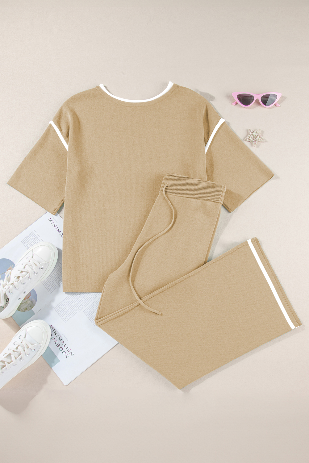 Blackish Green Contrast Trim Half Sleeve Top Drawstring Pants Loose 2pcs Sweater Suit - loveforevers