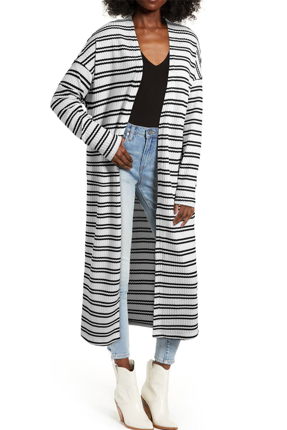 Black Stripe Print Open Front Duster Cardigan - loveforevers