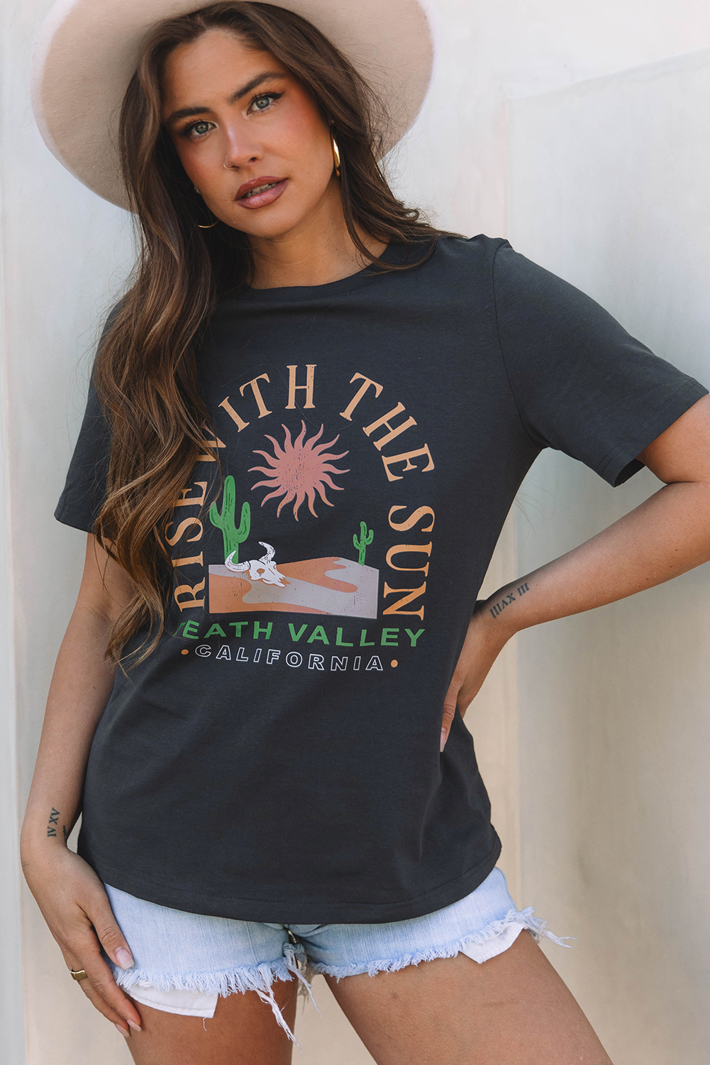 Dark Grey RISE WITH THE SUN Western Fashion Graphic Tee - loveforevers