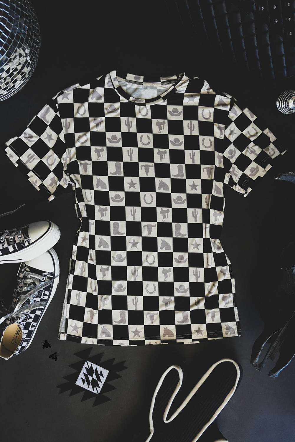 Black Western Fashion Checkerboard Print Side Split T Shirt - loveforevers