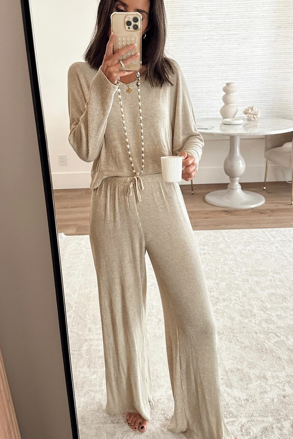 Jet Stream 3D Ribbed V Neck Pullover Drawstring Pants 2 Piece Lounge Set - loveforevers