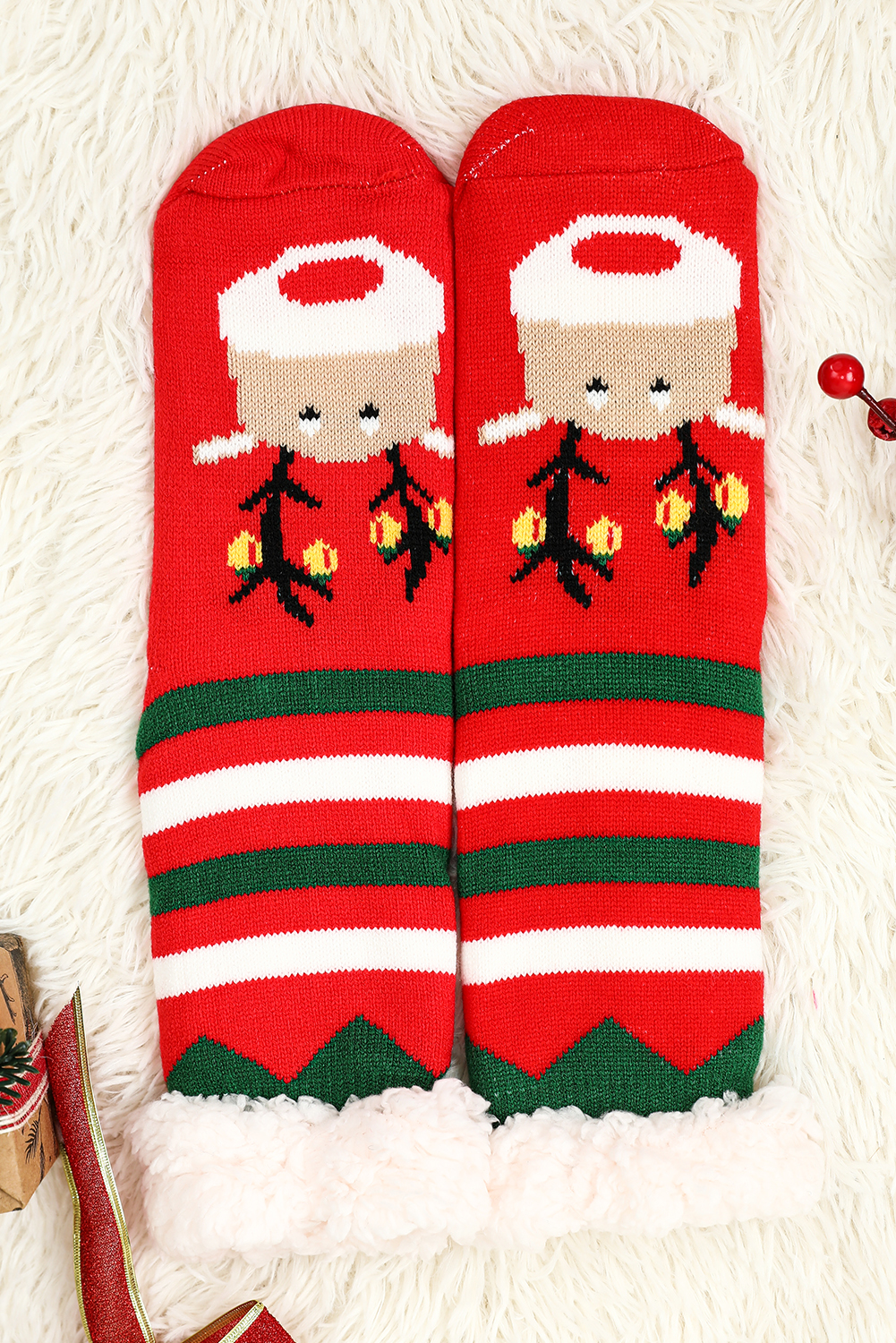 Fiery Red Christmas Cartoon Pattern Woolen Knit Socks - loveforevers