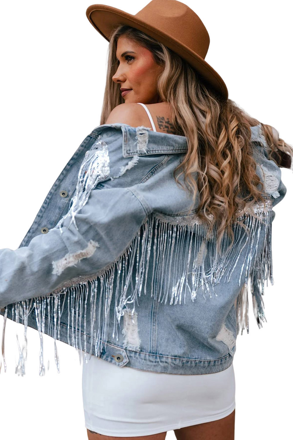 Sky Blue Sequin Embellished Fringe Distressed Denim Jacket - loveforevers