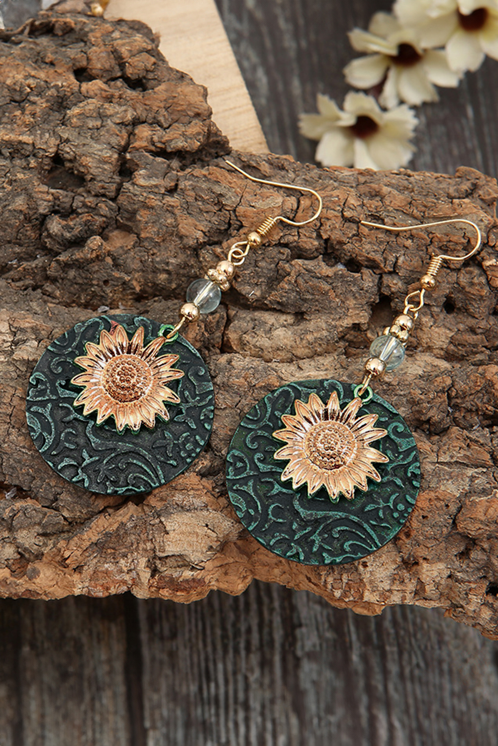 Real Teal Retro Sunflower Disc Alloy Dangle Earrings - loveforevers