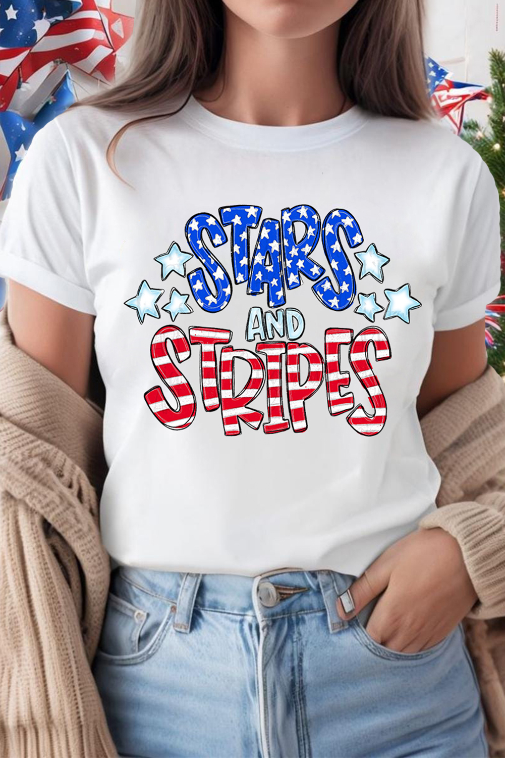 White Stars and Stripes Round Neck Graphic T Shirt - loveforevers