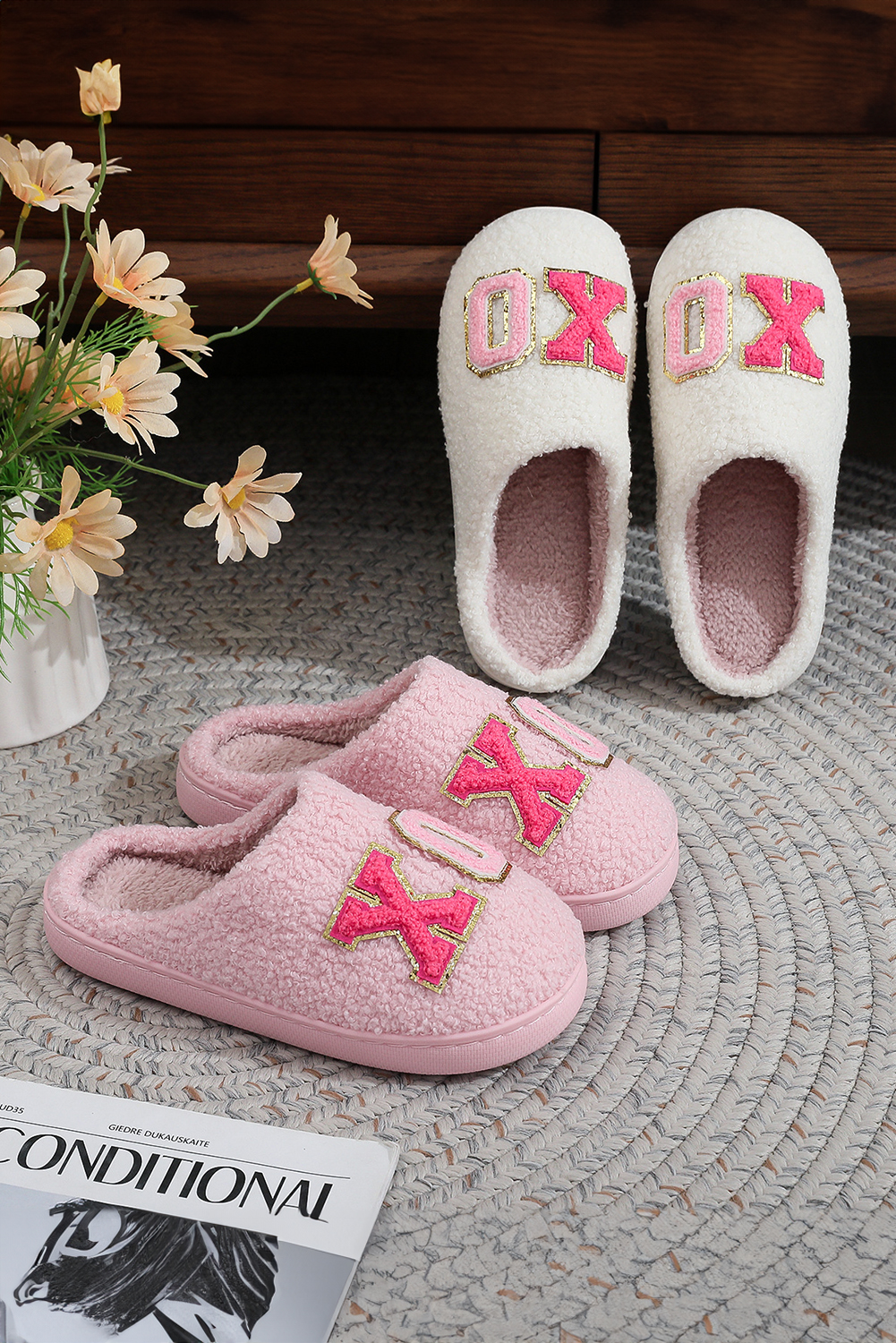 White XO XO Glitter Trim Letter Patched Plush House Slippers - loveforevers