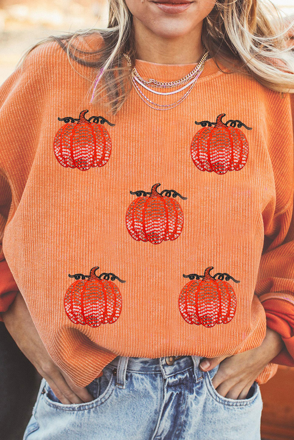 Orange Sequin Pumpkin Patched Twisted Rib Baggy Sweatshirt - loveforevers