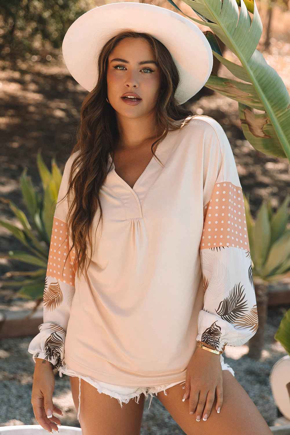 Jet Stream Palm Leaves Polka Dot Puff Sleeve Patchwork V Neck Loose Blouse - loveforevers