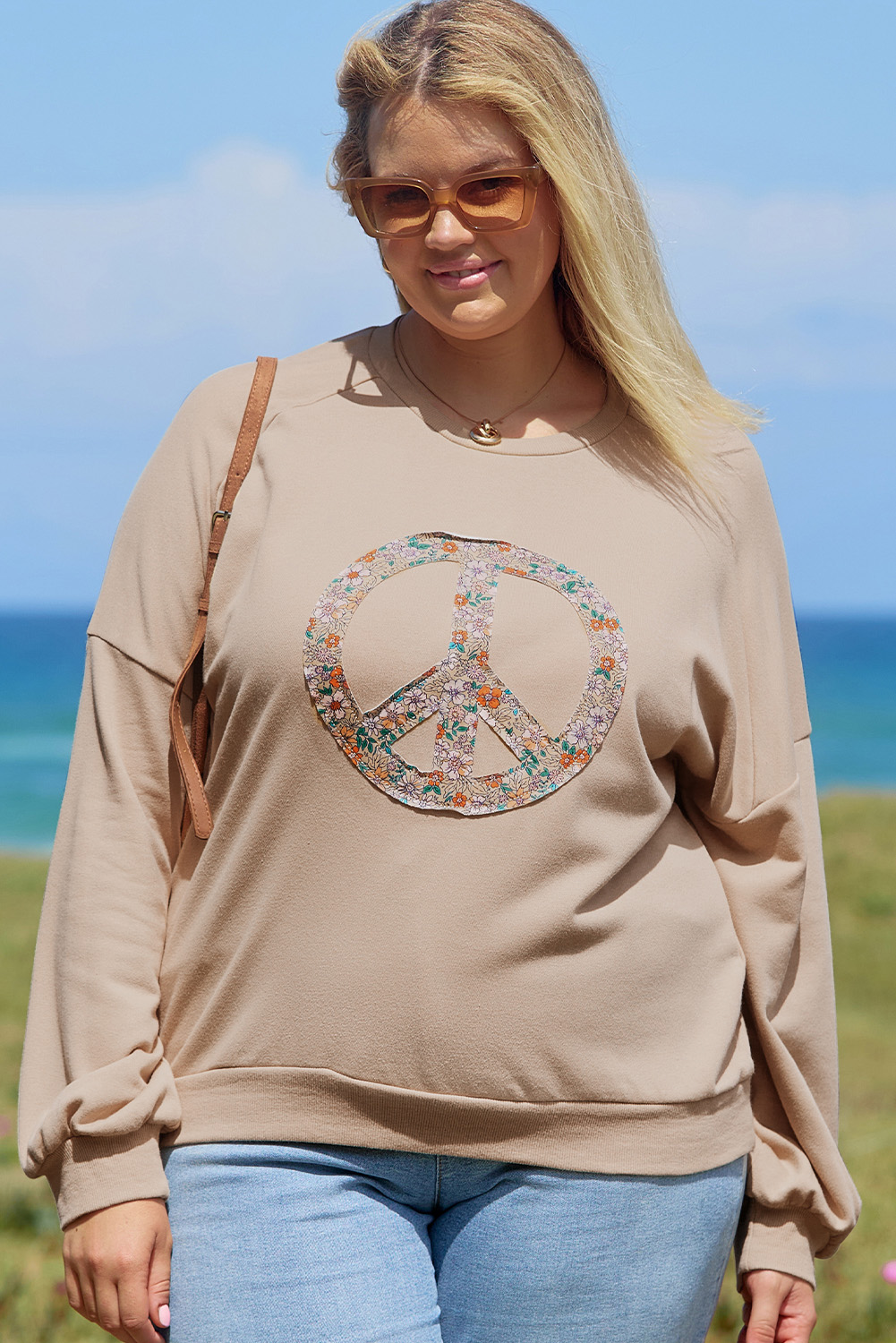 Beige Flower Patch Graphic Exposed Seam Wide Sleeve Top - loveforevers