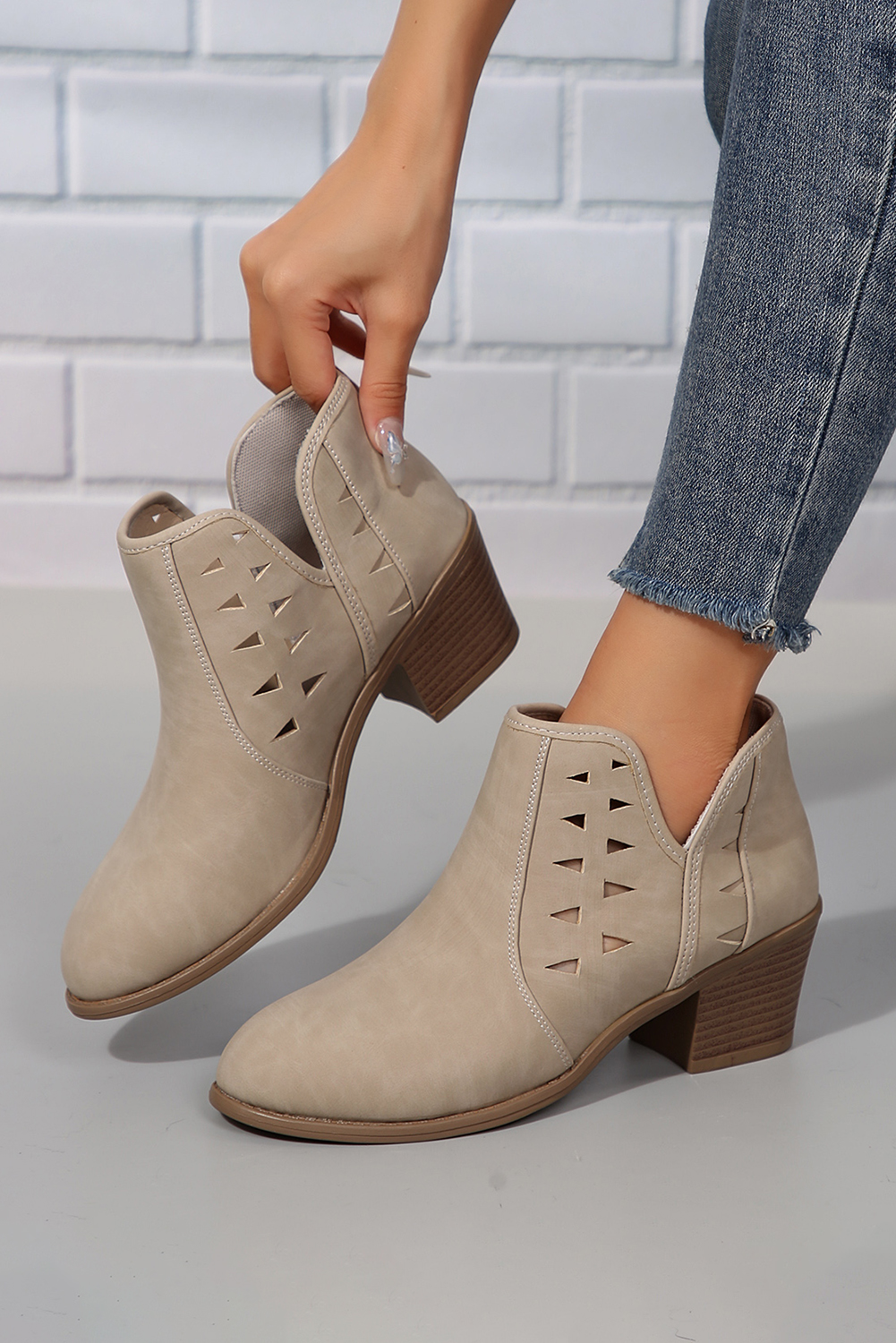 Parchment Cut Out Suede Pointed Toe Heeled Ankle Boots - loveforevers