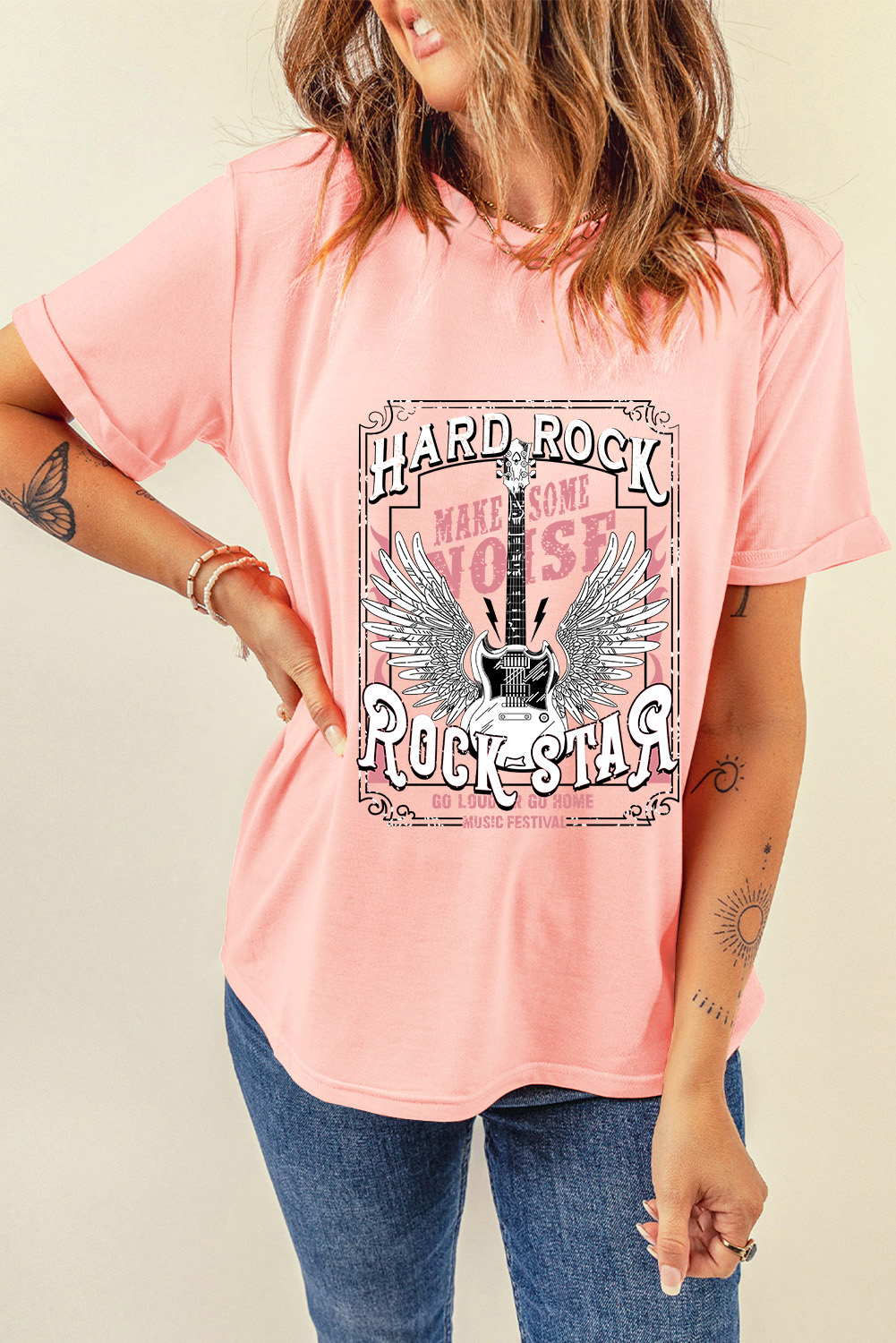 Pink Hard Rock Guitar Print Crew Neck T Shirt - loveforevers