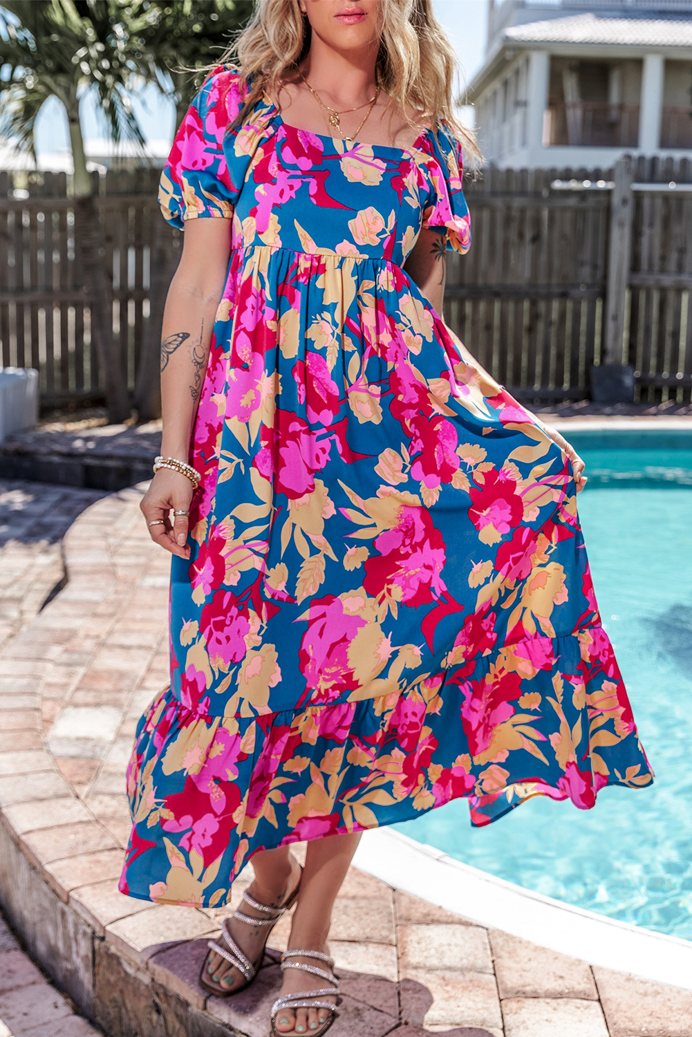 Dark Blue Square Neck Bubble Sleeve Ruffled Floral Dress - loveforevers