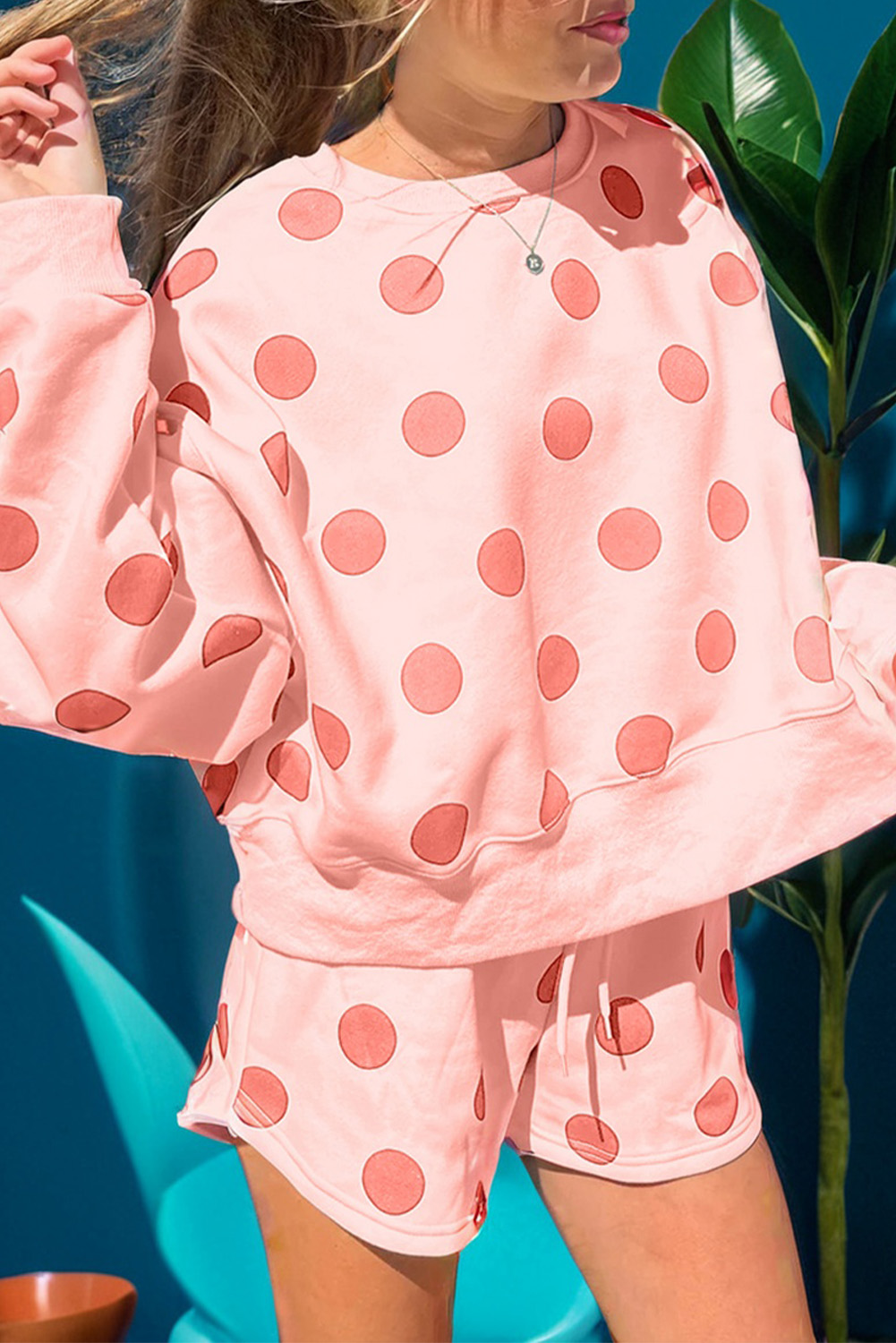 Beige Polka Dot Print Drop Shoulder Pullover Drawstring Jogger Pant Set - loveforevers