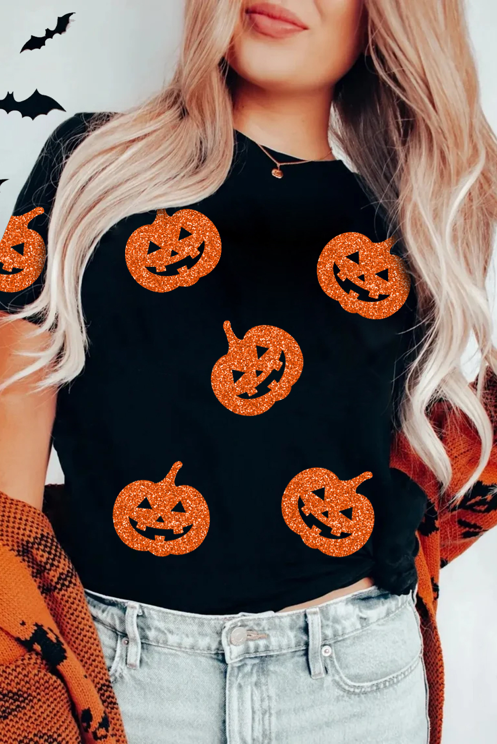 Black Glittering Pumpkin Face Graphic Crewneck Halloween T Shirt - loveforevers