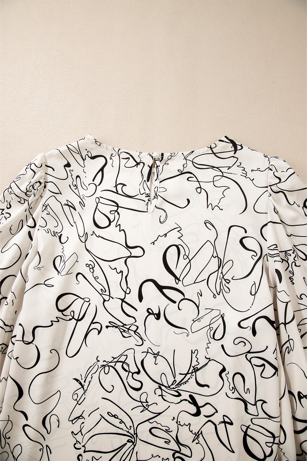 Beige Abstract Print Balloon Sleeve Crew Neck Blouse - loveforevers
