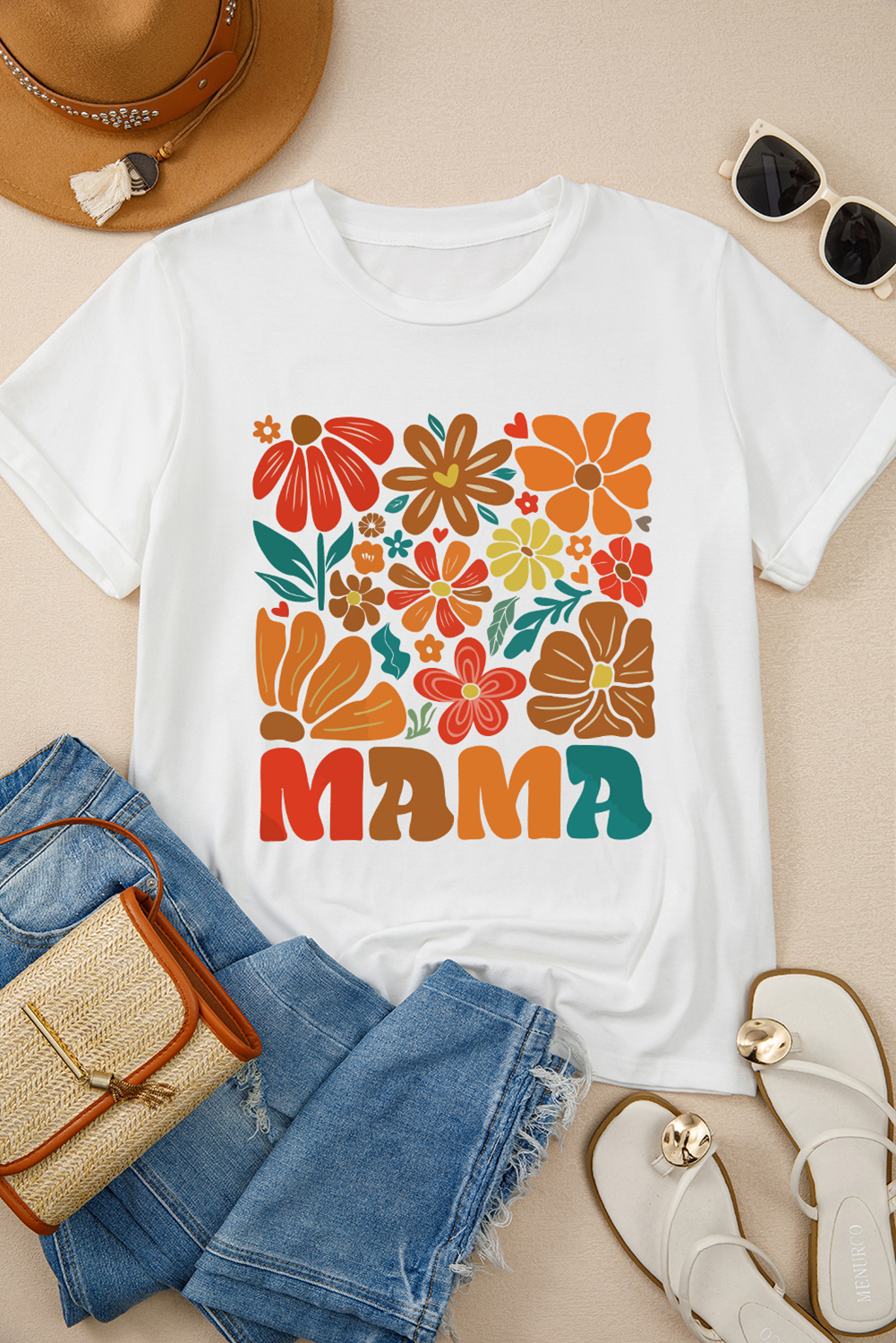 White MAMA Flower Graphic Crewneck Tee - loveforevers