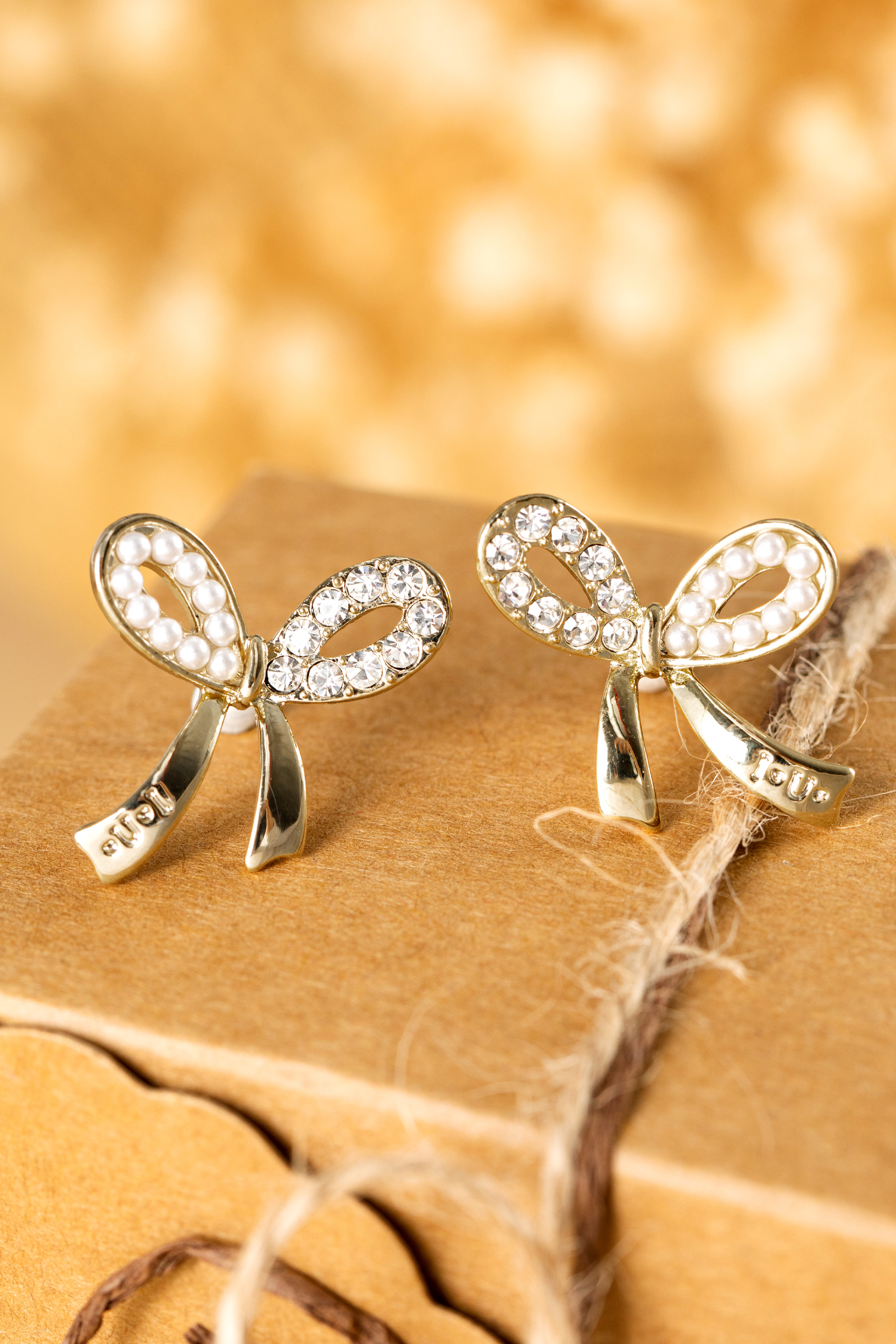 Gold Rhinestone Pearl Bow Earrings - loveforevers