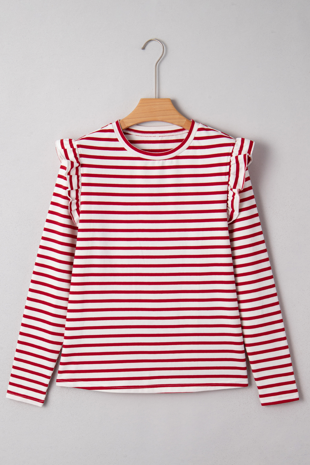 Red Stripe Round Neck Ruffle Trim Long Sleeve Top - loveforevers