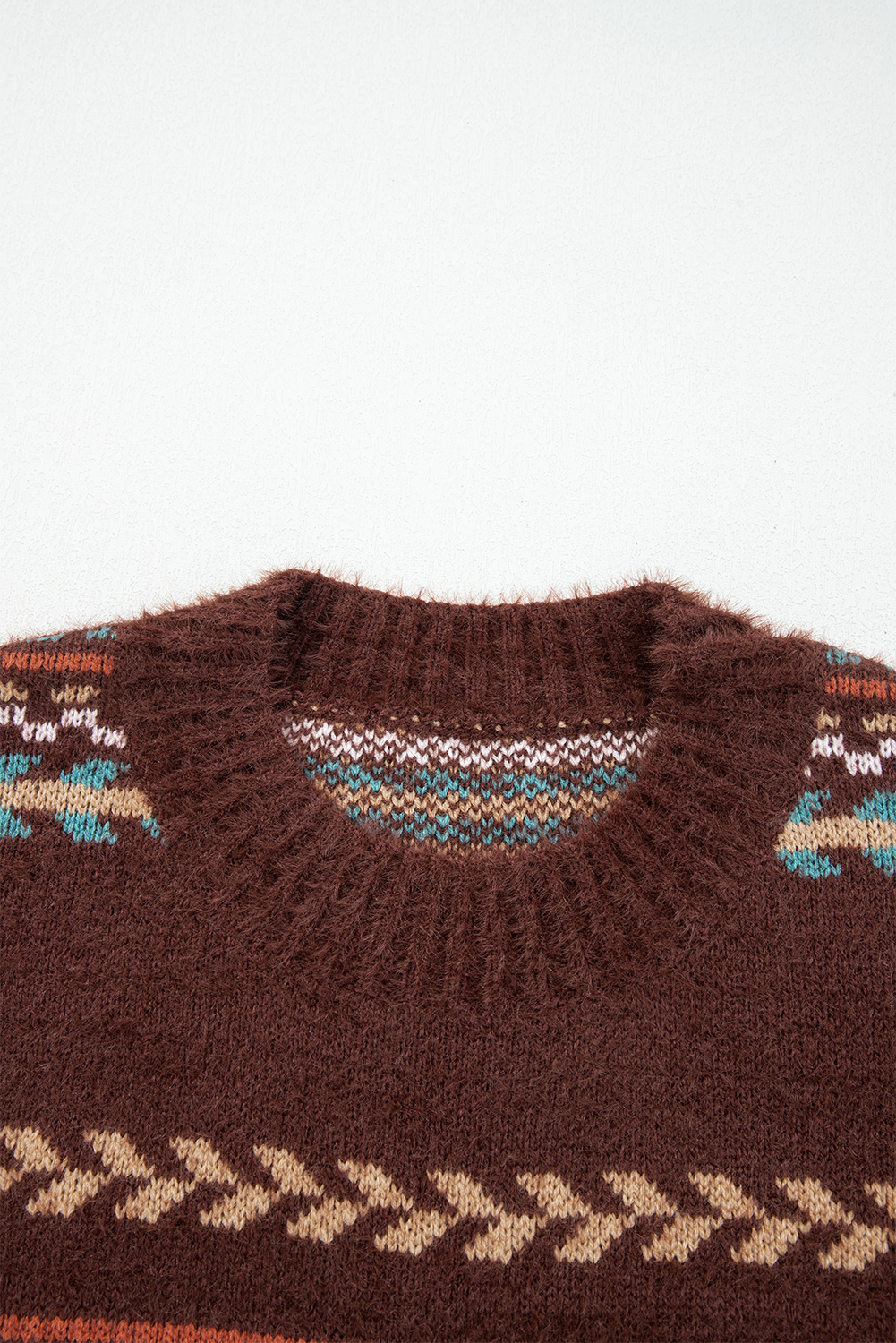 Brown Ethnic Pattern Mohair Knitted Drop Shoulder Sweater - loveforevers
